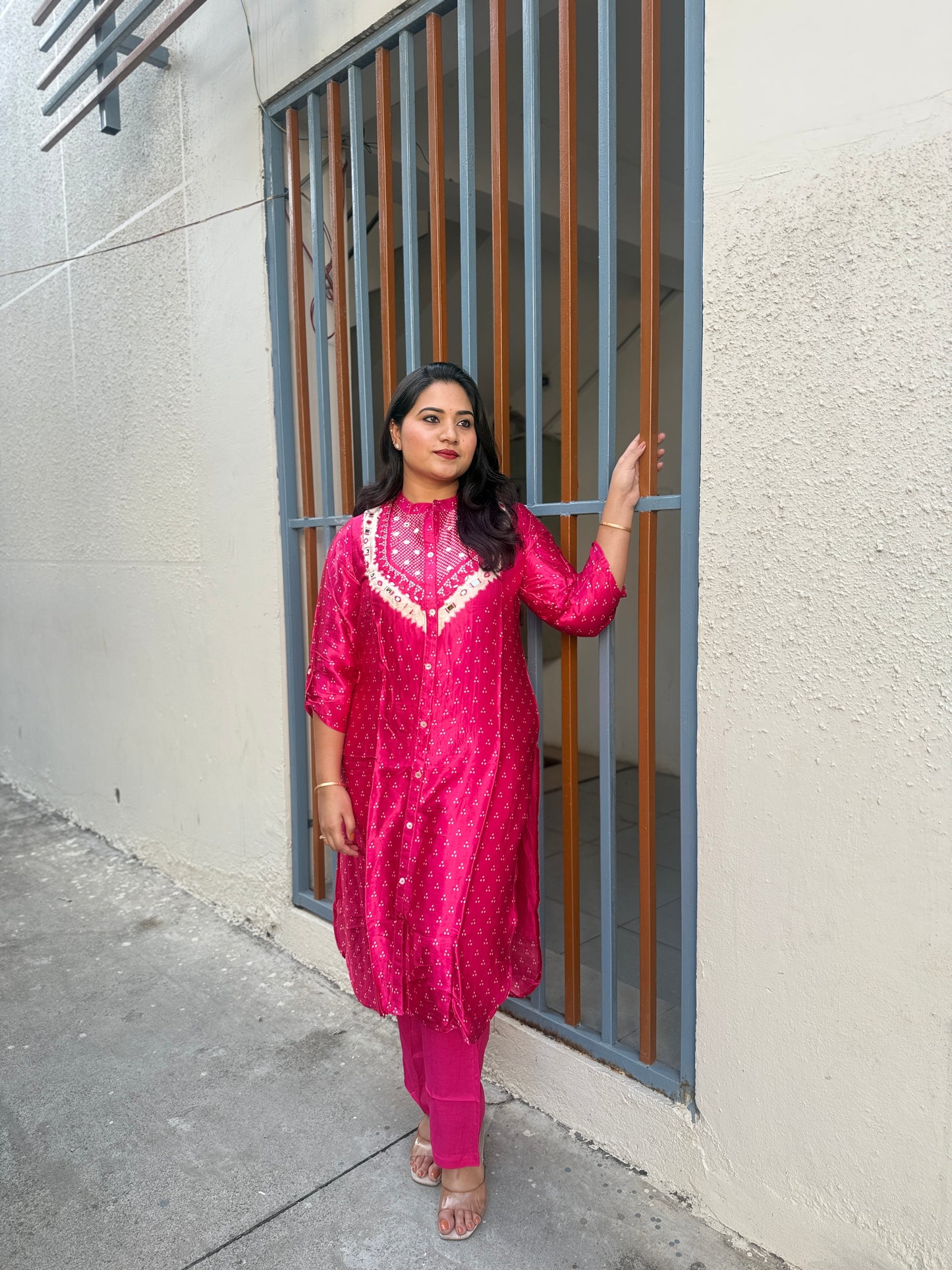 Gajji Silk Bandhani Printed Kurta Pant Set for Women with Mirror Work – Festive Wear, Sizes M to XXL