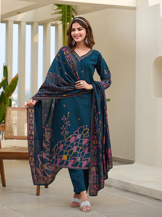 Modal Discharge Print Three-Piece Suit Set with Handwork – Sizes XL and XXL