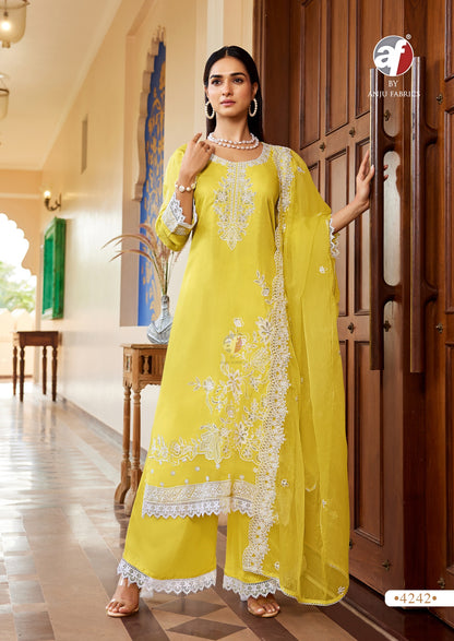 Muslin Kurti Palazzo Dupatta Set with Embroidery and Organza Dupatta for Women – L to 3XL