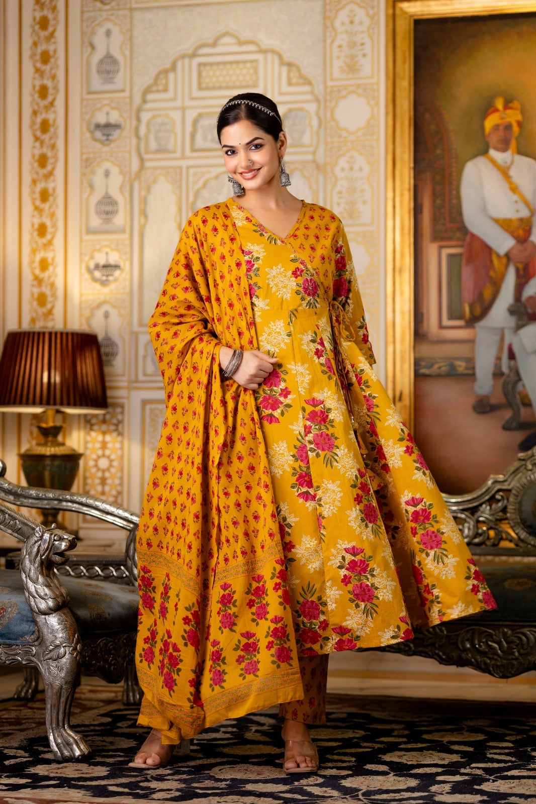 Women’s flared printed cotton kurta pant dupatta set with zari embroidery – festive ethnic wear