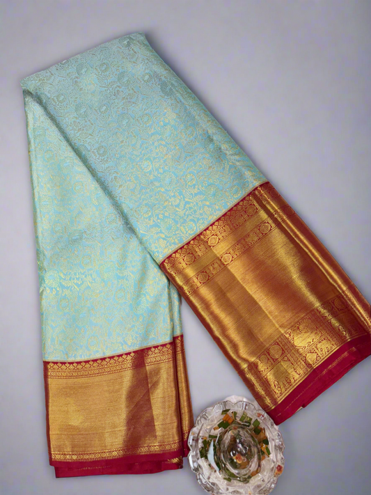 Korvai Pure Silk Handloom Saree in Sky Blue with Red Border and Gold Zari Weaving – Bridal & Festive Wear