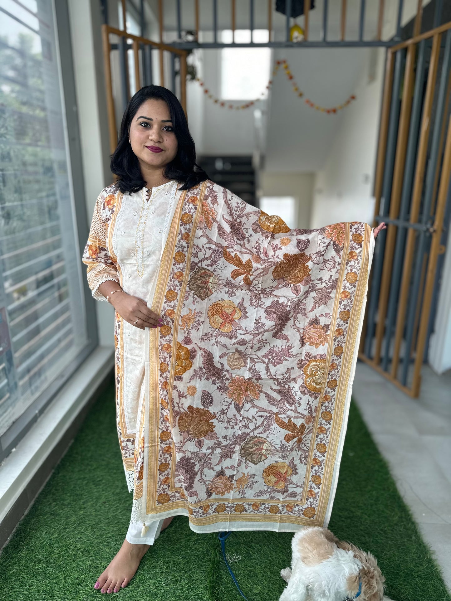 Women’s Pakistani Cotton Suit Set with Panel Print, Lace Detailing and Tassel Dupatta – Soft Pastel