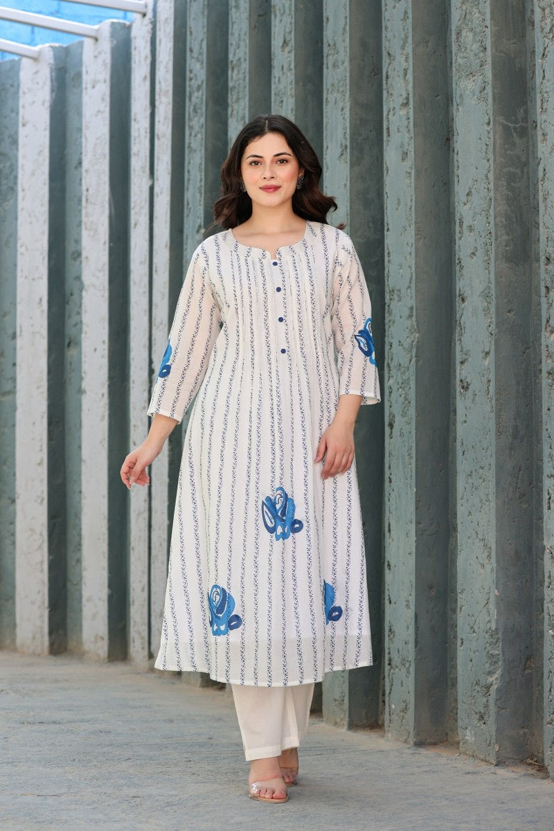 Striped Mul Cotton Kurta Pant Set for Women with Breathable Lining and Button Detailing