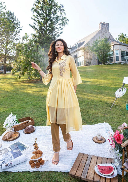 Georgette Designer Kurti Pant Set for Women with Handwork and Cotton Lycra Bottom