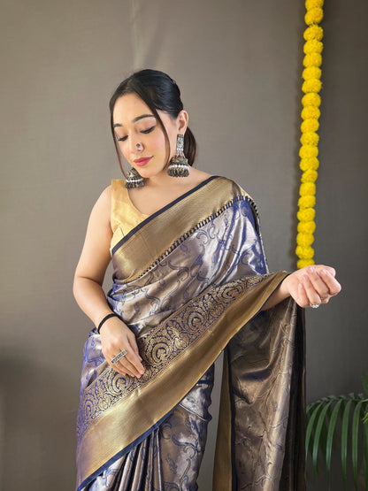 Kanchipuram Silk Saree with Intricate Zari Weaving, Rich Pallu, and Coordinated Blouse