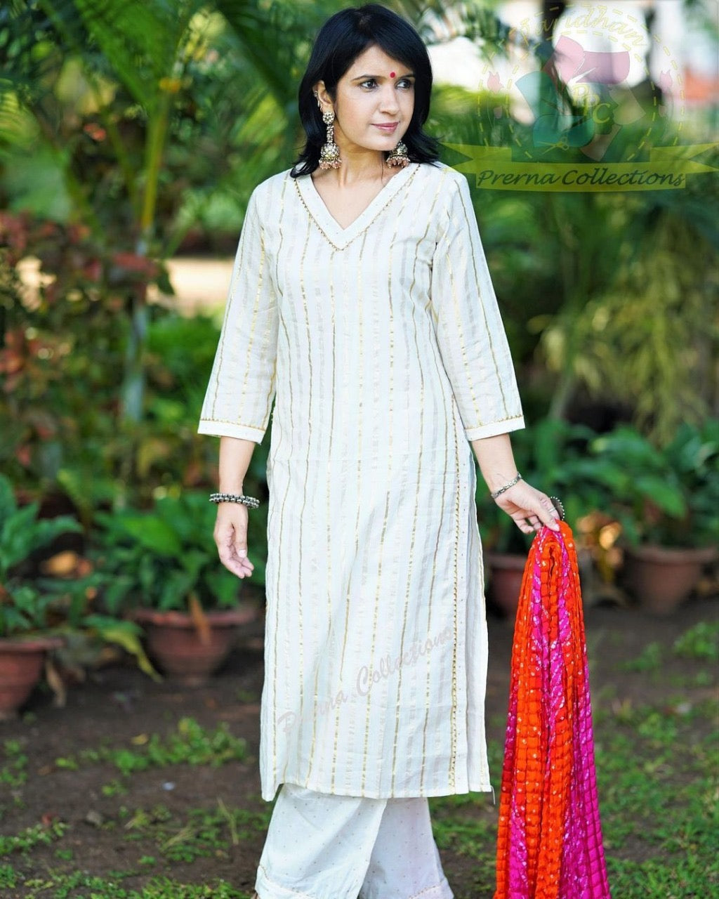 Lurex Cotton Kurti Pant Set with Pure Bandhej Silk Dupatta – 3-Piece Ethnic Wear for Women – Sizes 36 to 44