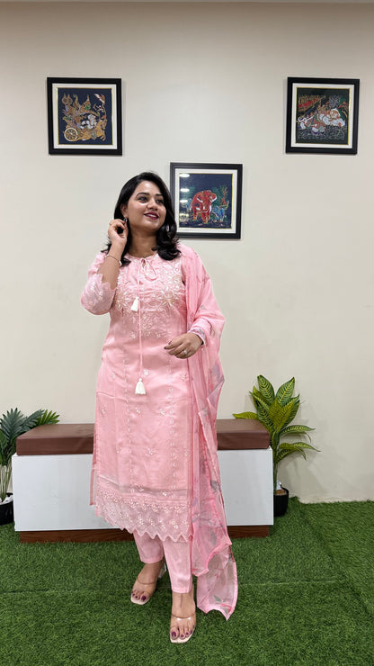 Women’s Organza Embroidered Suit Set with Viscose Silk Pant and Digital Print Dupatta – L to 3XL