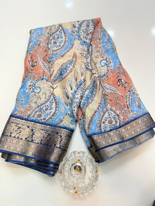 Printed H.O. Silk Saree with Floral and Paisley Design and Zari Border – Premium Festive Saree for Women