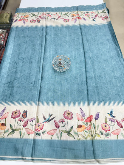 Tussar Fabric Saree with Katha Print Border, Mirror Work and Matching Blouse