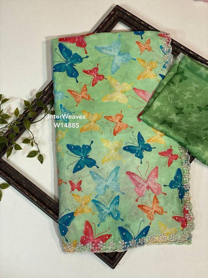 Pure Soft Georgette Silk Saree with Digital Butterfly Print, Cutdana and Moti Work – Women’s Festive Wear