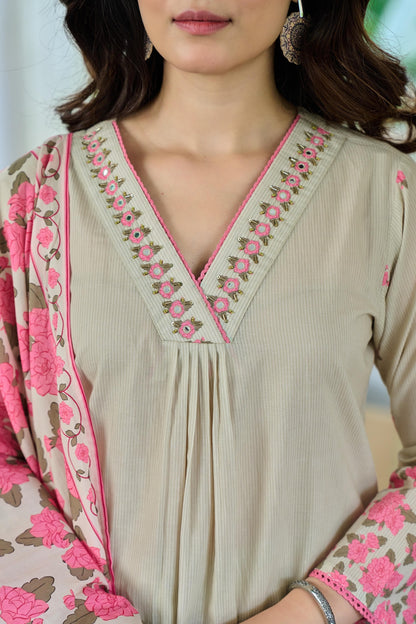 Cotton Kurta Pant Dupatta Set with Handcrafted Yoke Detailing for Women