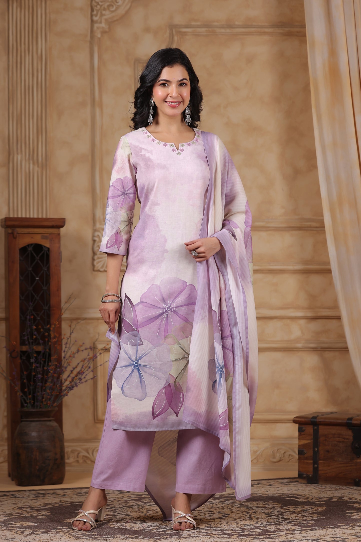 Women’s cotton flex kurta pant dupatta set with mirror and hand-touch thread work – sizes 38 to 44