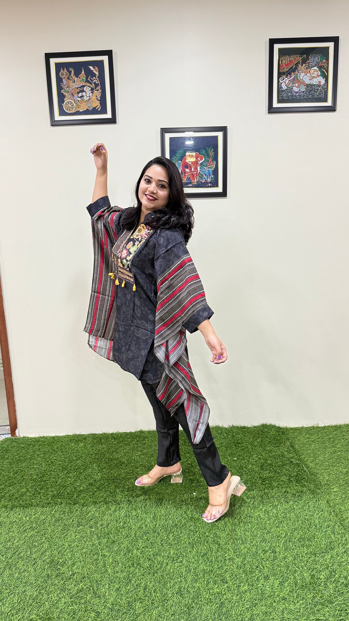 Designer Muslin Digital Print Western Fusion Kurti Pant Set with Mirror and Bead Handwork