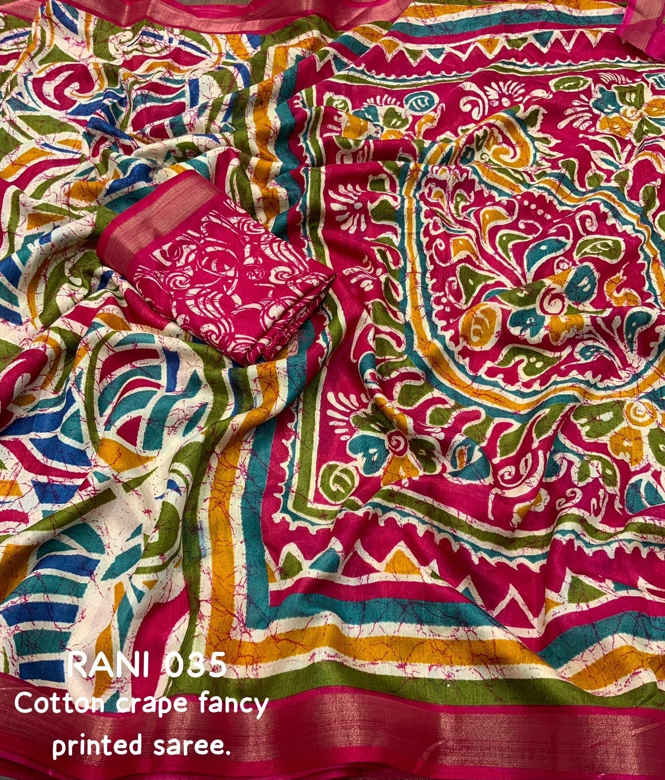Cotton Crape Saree with Multicolor Fancy Print and Running Blouse – Lightweight Daily & Festive Wear