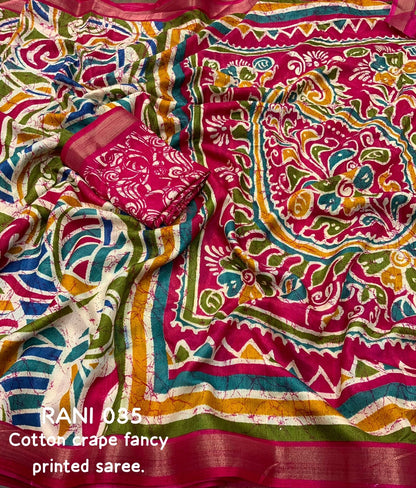 Cotton Crape Saree with Multicolor Fancy Print and Running Blouse – Lightweight Daily & Festive Wear