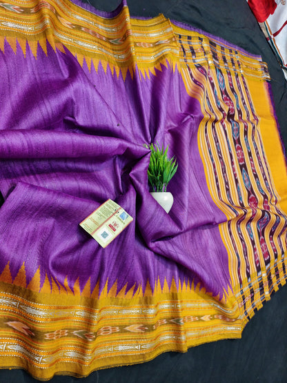 Pure Tussar Silk Saree with Ikkat Weaving and Vidarbha Temple Border – Silk Mark Certified