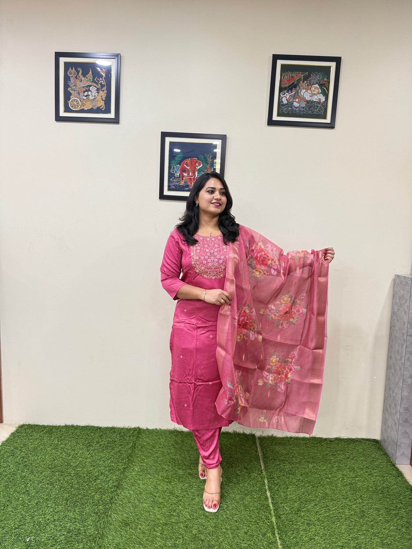 Gajji Silk Straight Suit Set with Embroidery and Organza Zari Dupatta for Women