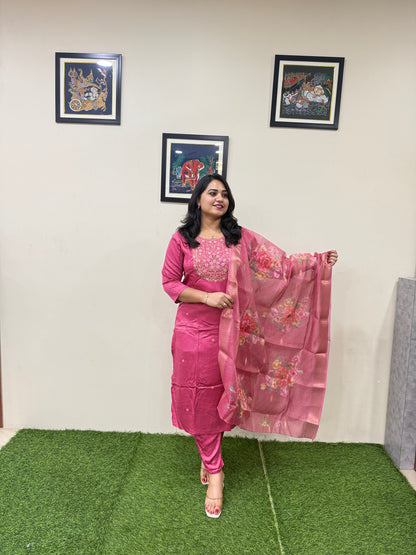 Gajji Silk Straight Suit Set with Embroidery and Organza Zari Dupatta for Women