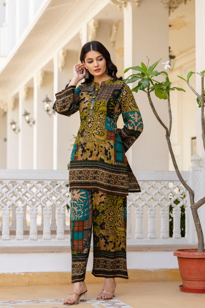 Pure Rayon Co-Ord Set with Floral Patch Digital Print, Kauri Buttons, and Flared Sleeves – Casual Fusion Wear for Women