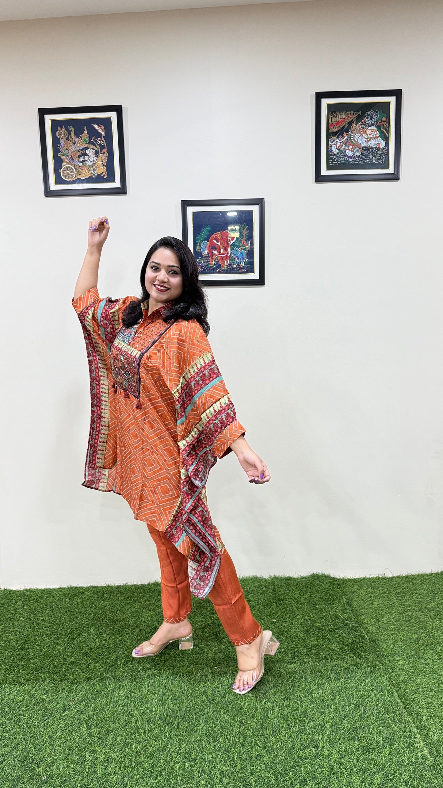 Designer Muslin Digital Print Western Fusion Kurti Pant Set with Mirror and Bead Handwork