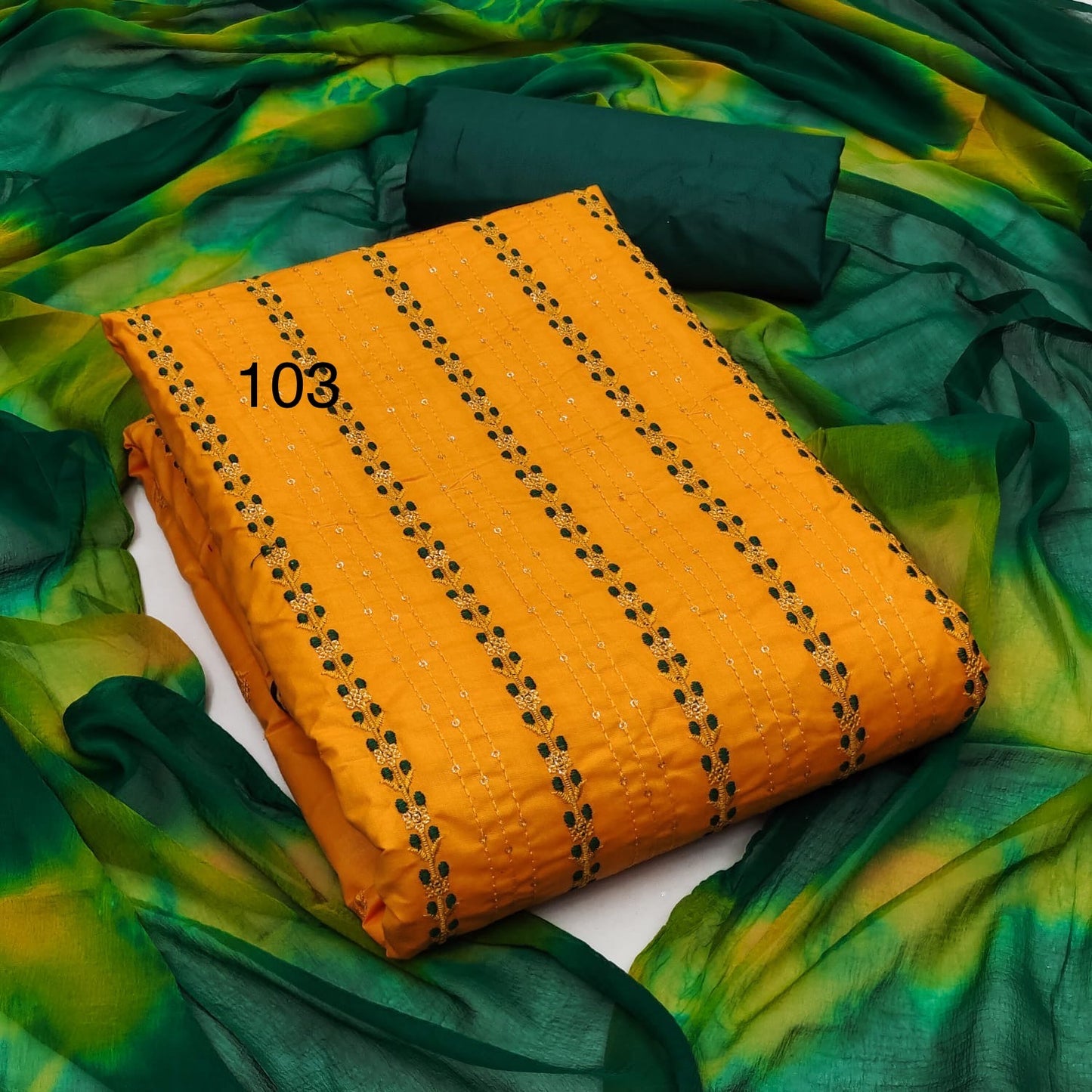 Unstitched Cotton Dress Material with Intricate Work, Cotton Bottom and Najmeen Dupatta