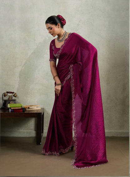 Velvet Chiffon Saree with Dual Tone Zarkan Work and Designer Blouse – Partywear Saree for Women
