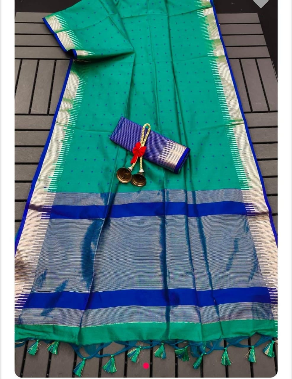 Semi Raw Silk Saree with Body Buti Design, Rich Woven Border and Contrast Blouse for Women