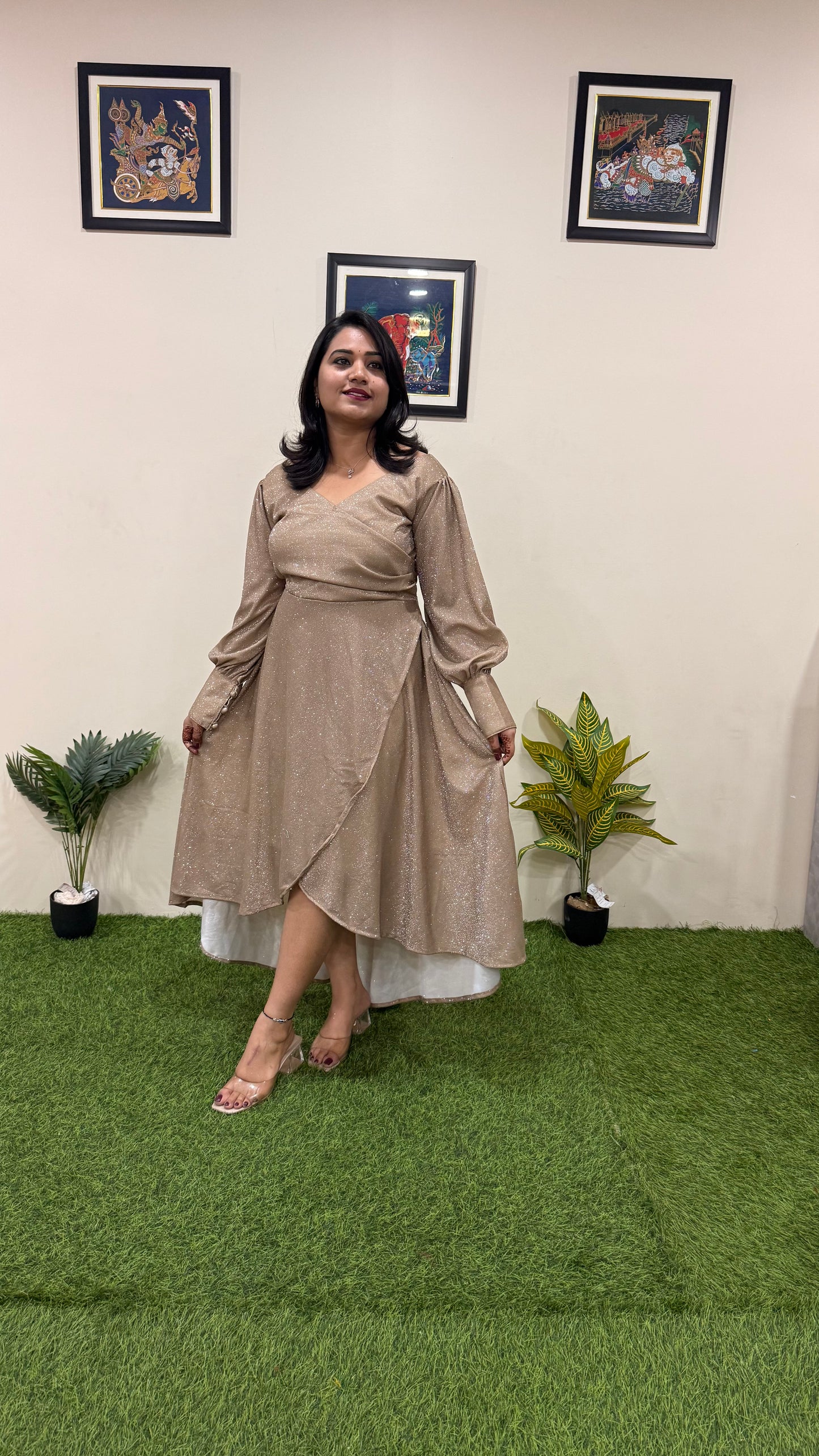 Two-Way Shimmer Lycra One-Piece High-Low Dress with Full Cuff Sleeves – Women’s Party Wear (Sizes 38 to 46)