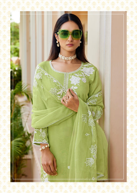 Muslin Kurti Palazzo Dupatta Set with Embroidery and Organza Dupatta for Women – L to 3XL