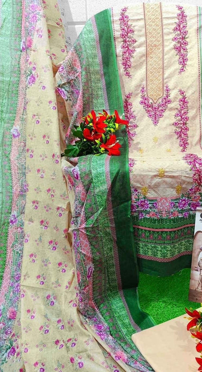 Unstitched Pure Cotton Cambric Suit Material with Self Embroidery and Mal Mal Dupatta