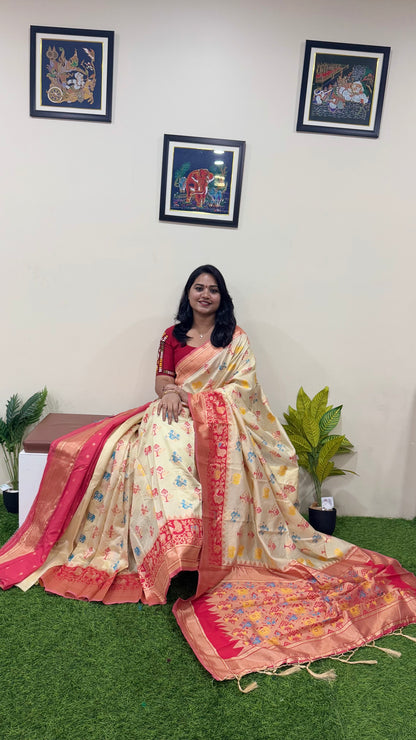 Banarasi Linen Cotton Saree with Woven Motifs and Contrast Zari Border – Festive Wear for Women