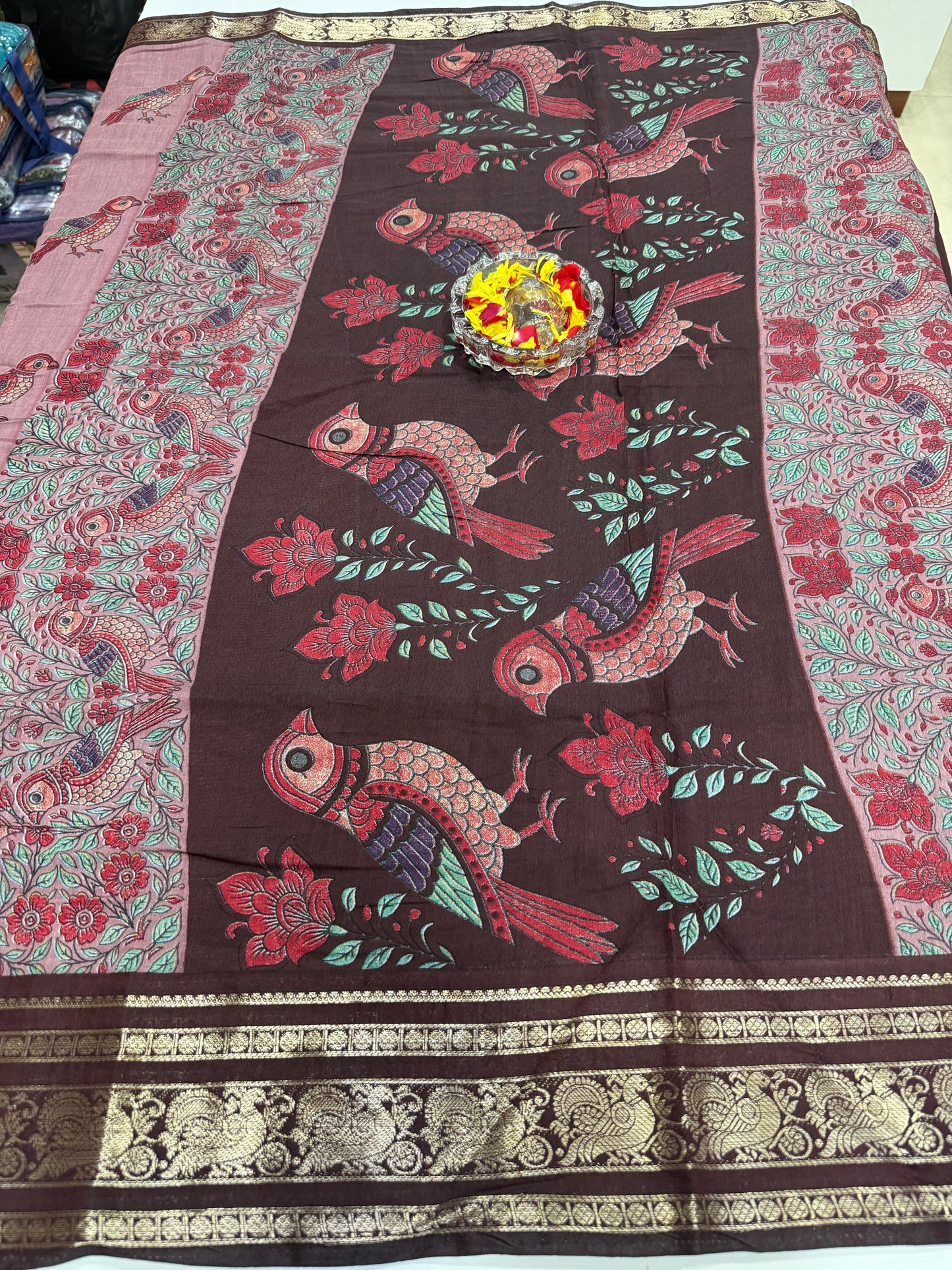 Venkatagiri style silk-blend printed saree with bird motifs and zari-style border, 6.3m women’s festive saree