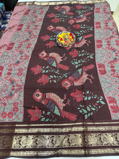 Venkatagiri style silk-blend printed saree with bird motifs and zari-style border, 6.3m women’s festive saree