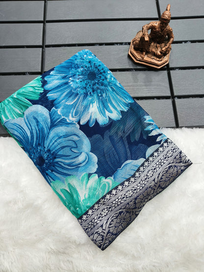 Women’s Heavy Chiffon Georgette Saree with Floral Print, Silver Border and Jacquard Blouse