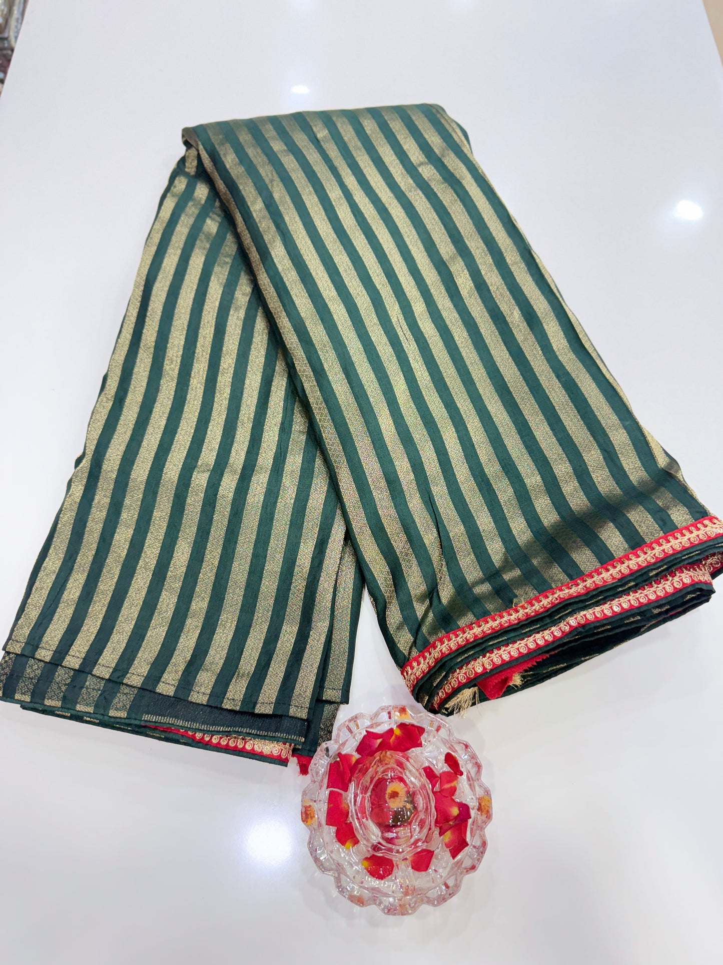 Olive Line Pattern Designer Silk Saree with Heavy Embroidery Work and Unstitched Blouse for Festive and Wedding Wear