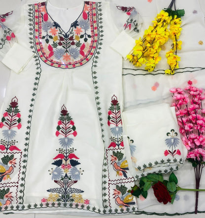 Pearl White Georgette Embroidered Suit Set with Dupatta – Sizes M to 3XL