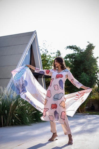 Pure Linen Kurti Pant Set with Handwork and Digital Print Dupatta for Women