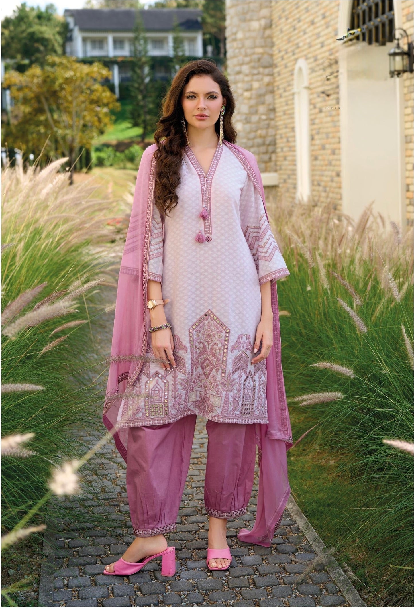 Cotton Dobby Kurti Afghani Pant Dupatta Set with Thread Mirror Work and Chiffon Dupatta for Women