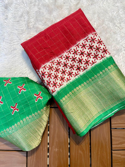 Digital Kalamkari Printed Dola Silk Saree with Gold Zari Jacquard Pattu Border – With Blouse Piece