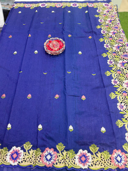 Matka Silk Saree with Embroidered Buttis, Cutwork Big Pallu, and All-Over Cutwork Panel