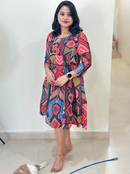 Women’s Indo-Western Cotton Linen Midi Dress with Geometric Print and Pockets – Sizes 36 to 44