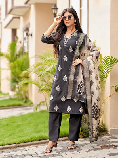 Women’s Roman Silk Straight Suit Set with Digital Print Dupatta – 3-Piece XL to 2XL