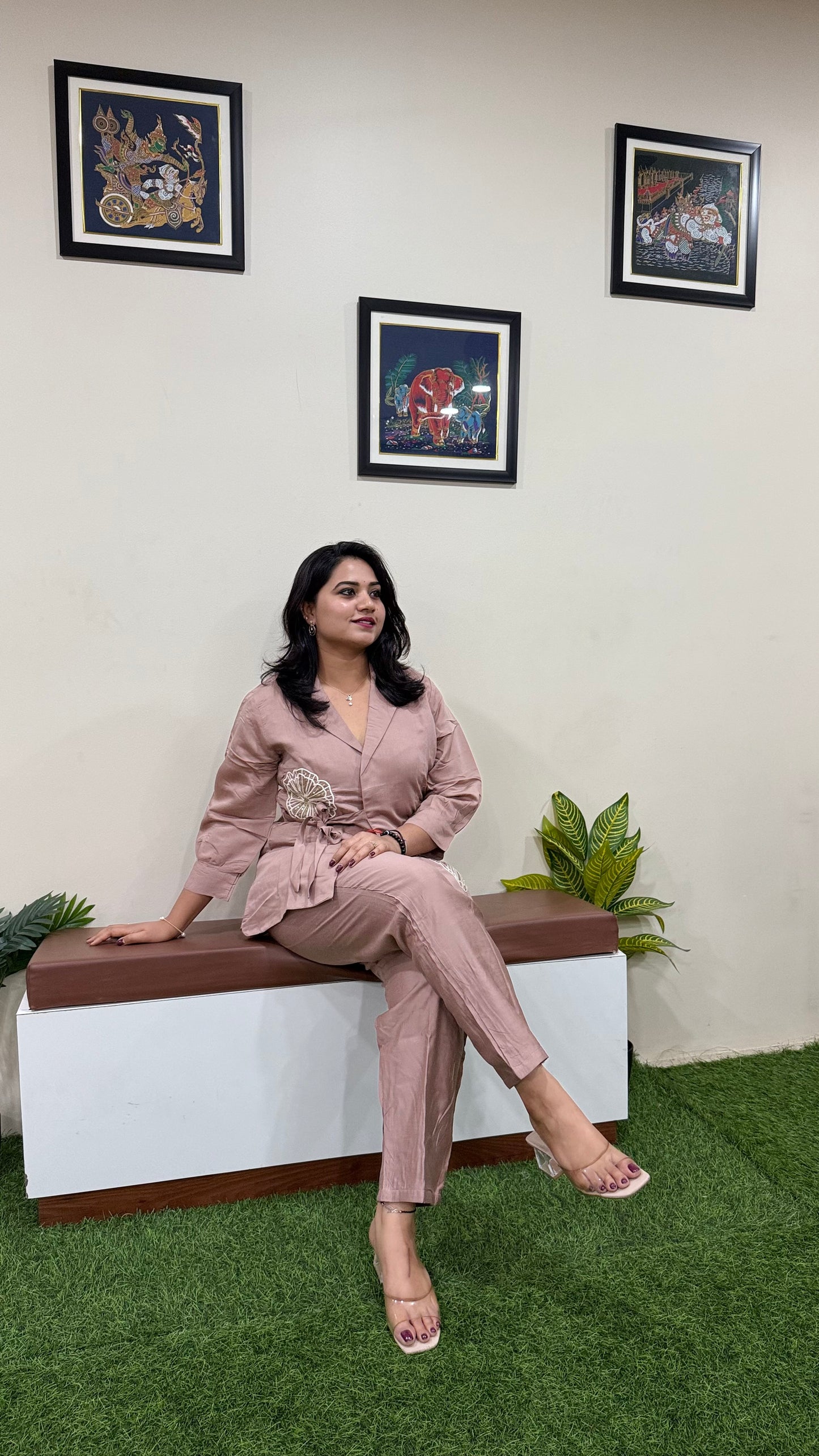 Women's Pure Silk Co-ord Set with Embroidered Waist Detail and V-Neck Top