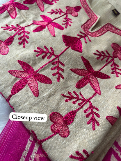 Handloom South Cotton Kurta Pant Set with Aari Embroidery and Silk Dupatta for Women