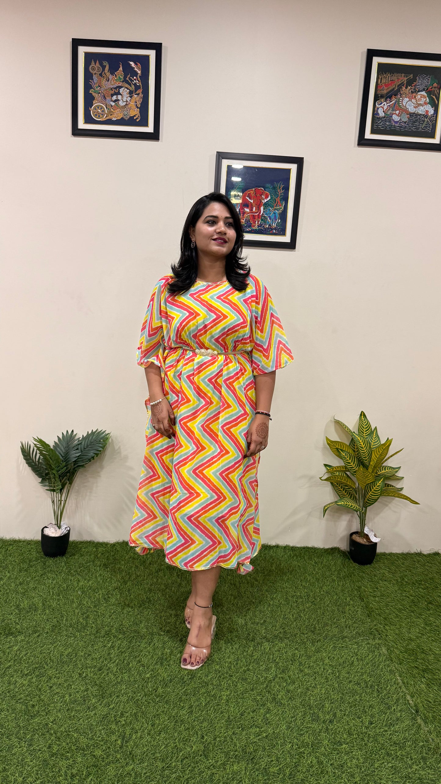 Georgette Printed Kaftan for Women with Pearl Embellished Neckline – Sizes 38 to 46