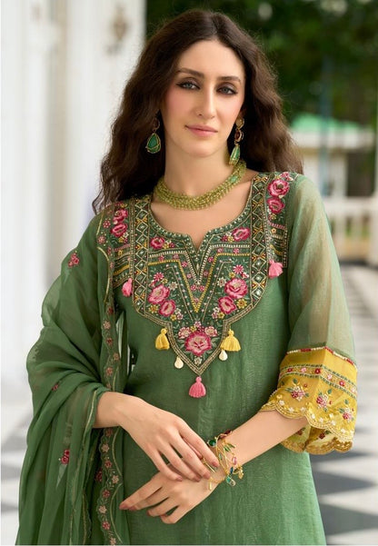 Organza Crush 3-Piece Suit Set with Embroidery, Handwork and Muslin Inner for Women