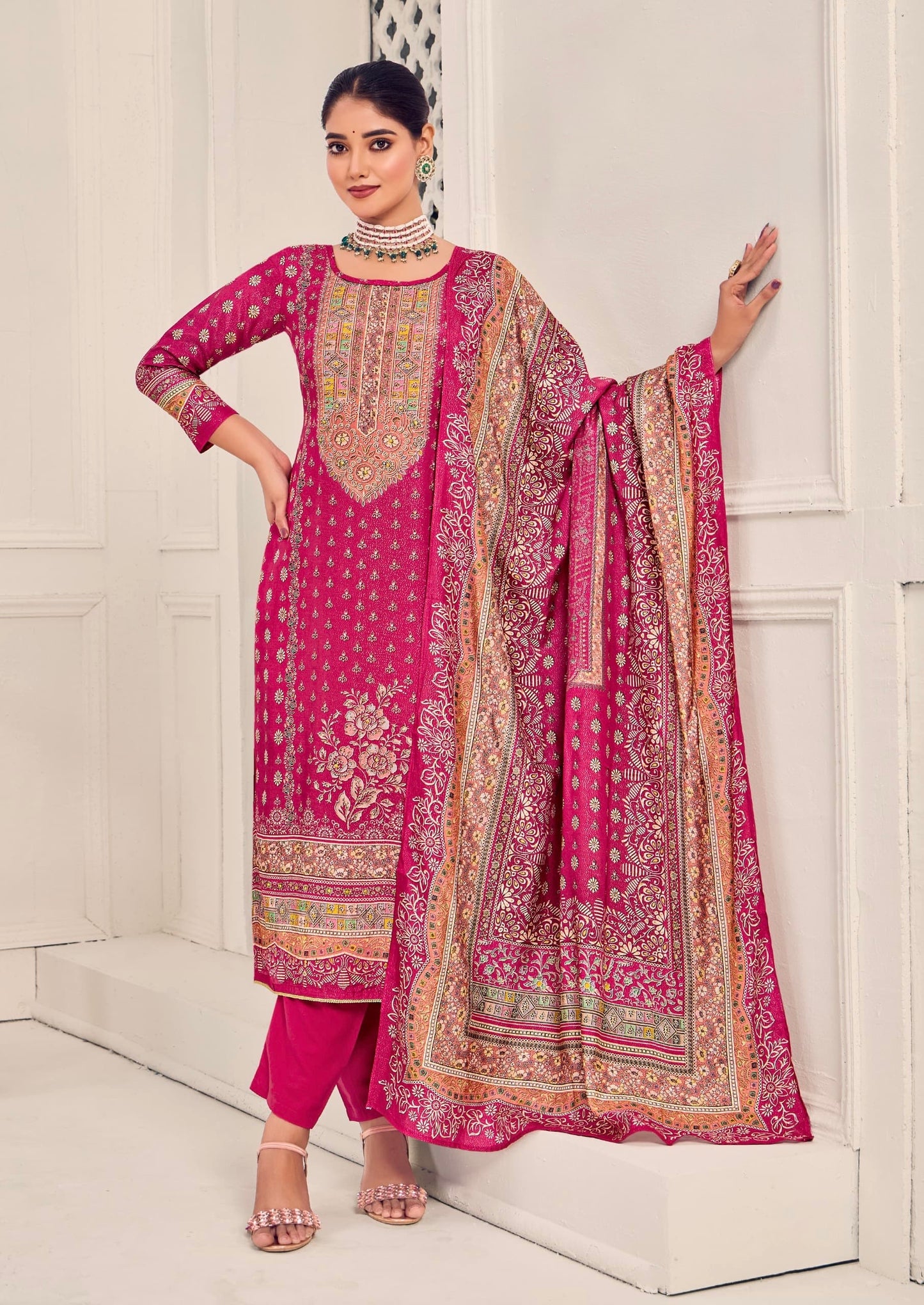 Women’s muslin kurta pant dupatta set with digital print, aari and Swarovski work – sizes L to 3XL