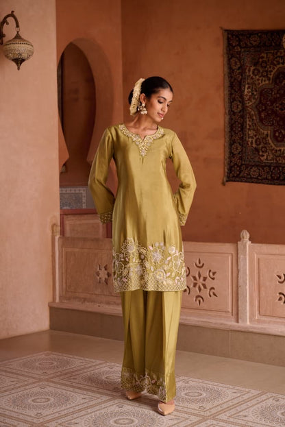 Embroidered HO Silk Glass Shimmer Kurta Farsi Pant Dupatta Set for Women