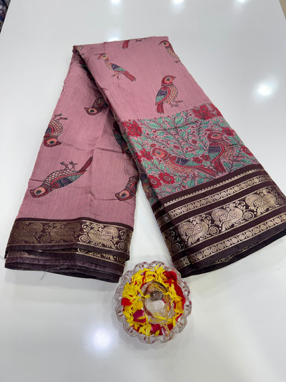 Venkatagiri style silk-blend printed saree with bird motifs and zari-style border, 6.3m women’s festive saree