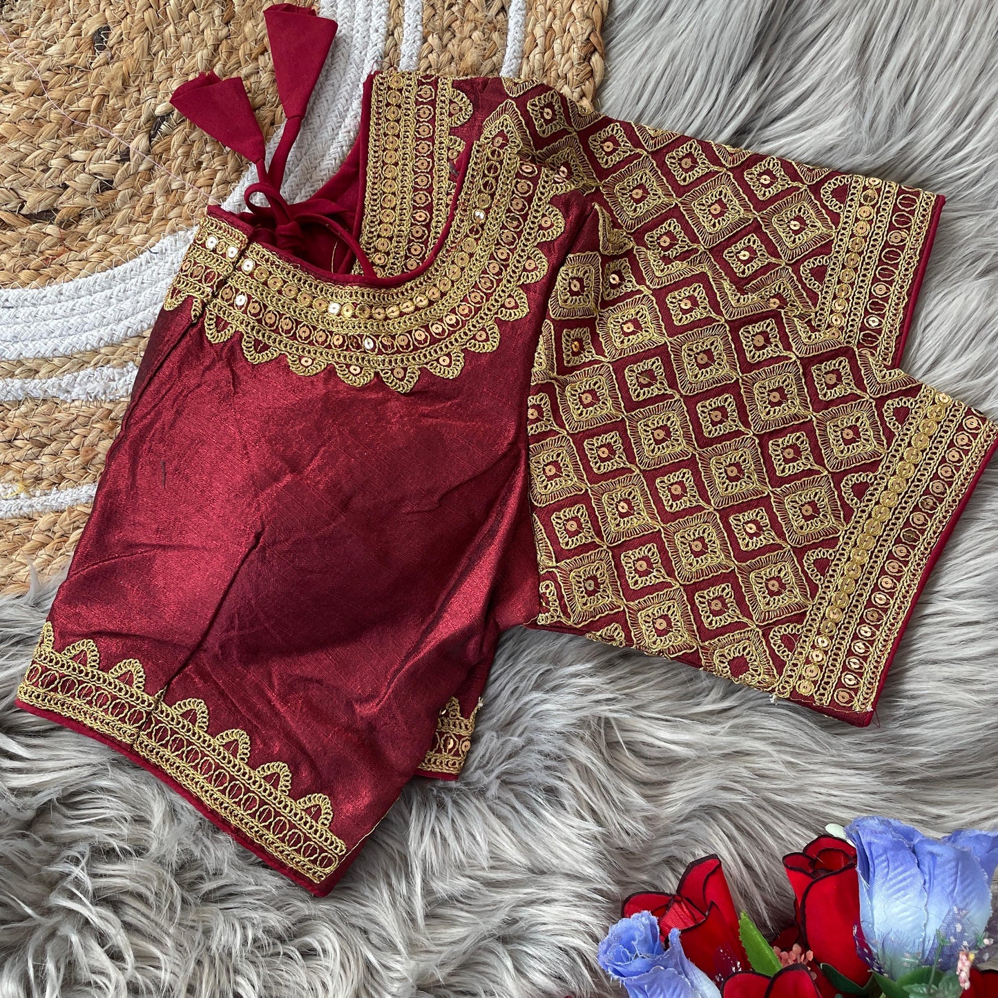 Soft Silk Front-Open Blouse with Heavy Sequins, Thread, Jari and Handwork for Women